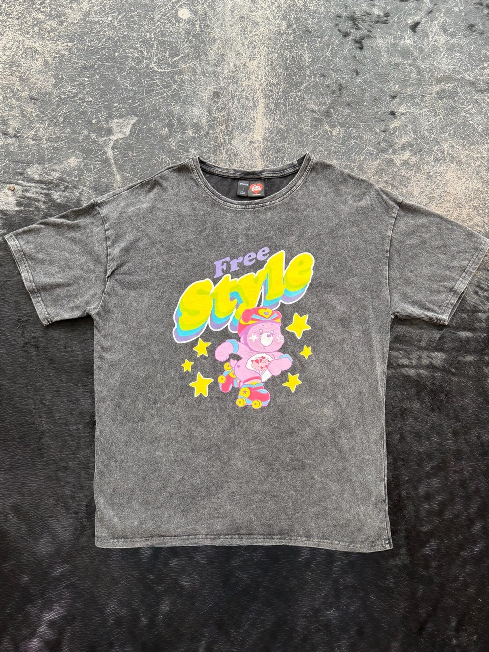 ROMWE 🌈💕 Care Bears Rollerskating Share Bear “Free Style” Stone-Washed Tee - Picture 3 of 5